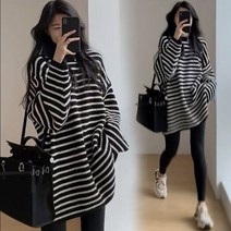 겨울임부복원피스패션 가로 줄무늬 니트 출산 드레스 가을과 겨울 간단한 느슨한 스웨터 의류