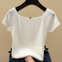슬림핏 티셔츠 니트 여성 써머 탑 반팔 오프 의류