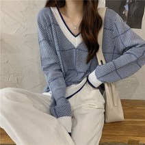 주디앤 여성 밀크 브이넥 체크 긴팔 니트티 루즈핏 리빙공감