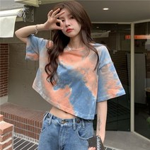 오프반팔티 홀치기염색 t셔츠 여성 여름 2023 디자인감각 보이핏 볼륨 크롭 숏 달콤하고 맵다 누이동생 4998655623, 무 이니셜 귤색 2XL
