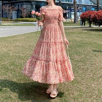 잇츠스타일 여성 밴딩 오프숄더 휴양지룩 주름 프릴 캉캉 꽃무늬 미디원피스