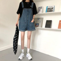 여성 데일리 귀여운 루즈핏 롤업 데님 멜빵 반바지
