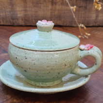 보산토기 5가지의 파스텔톤의 쌍화차잔 대추차잔 매화향 집들이선물 매화 뚜껑찻잔 찻잔세트 250ml 350ml, 민트