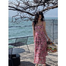 여성 허니문 드레스 유넥 긴 핀턱 넥 디자인 에스닉 바캉스 태국 패미닌