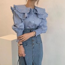코디하기 편한 상큼 화사 비비드 프릴 이중 빅카라 소매 스모크 밴딩 7부 블라우스 데일리
