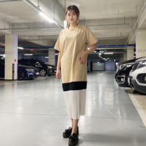 VANANA2 여성 플리츠 배색 맥시 롱원피스 티셔츠 원피스