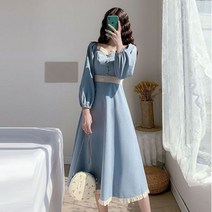 해외여행 플레어 러블리 플로럴 휴가 롱 꽃무늬 원피스 캐주얼 스퀘어 칼라 빈티지 루즈핏 드레스 용 맥시 가을 겨울 블루