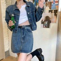 (S M L XL)크롭 데님 자켓 + 미니스커트 투피스 셋업