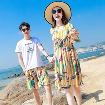 스트라이프커플룩 신혼여행 커플웨어 웨딩촬영아이템 휴가지원피스 반바지 4264