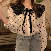 바보사랑 여성 봄 레이스 빅카라 도트 리본 블라우스 .디작소