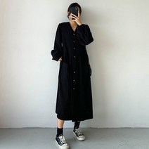 초이앤 코듀로이 골덴 벨벳 하객 셔츠 브이넥 노카라 오버핏 롱 원피스