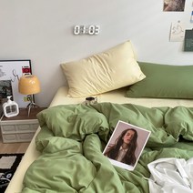 [All] 북유럽 인스타 감성 투톤 파스텔 침구 커버 풀세트 4종 단색 사계절 코튼 순면 이불 모음, 치즈+그린_슈퍼싱글 커버형 4종