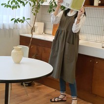 방가지똥 앞치마 롱 주름 단추없는 카키린넨 앞치마