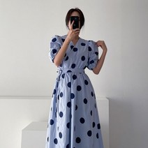 여자 빅 도트 땡땡이 브이넥 리본 랩 퍼프 롱 원피스