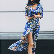 SAMARA 비치원피스 트로피칼 브이넥 롱쉬폰원피스