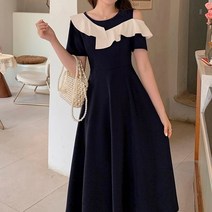 미미앤느 여성 라운드넥 블랙 앤 화이트 배색 프릴 단정한 오프숄더 미디원피스 a1835