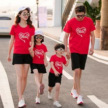 여름패션 유치원 에코 패션쇼 사랑하트 패밀리룩 여름옷 온가족 일가 세식구 네 형 언니 남동생 585140346, 140 야드, 레드 색티셔츠 블랙 바지