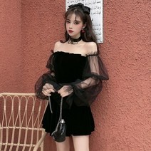 듀엘스커트 스커트 Y2K 기질 메쉬 버블 슬리브 드레스 여성용 끈이 없는 허리 푹신한 블랙 봄 여름 195981