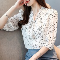 여성 루즈핏 7부 소매 도트 셔츠 리본끈 쉬폰 블라우스