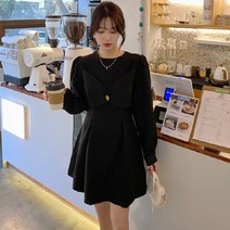 티타임 캐주얼 투톤 프렌치 긴팔 원피스 봄·가을 허리 조임 슬림 미디 스커트