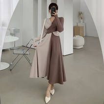 떳다그녀 로비아 꼬임 배색 롱 원피스