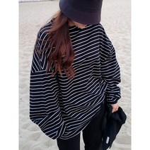 여성 라운드 빅사이즈 박시 줄 스트라이프 롱 긴팔 티셔츠
