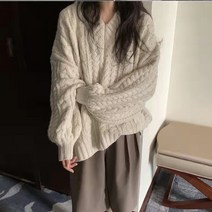 브이넥꽈배기니트 CHIC 겨울 가을 추가 두꺼운니트 키치한 스타일리쉬 초롱 와이드 루즈핏 이너니트 슬림핏 3952923870, 기타 사이즈, 베이지칼라 M