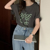 네모엔룩 여성용 투투플라워 프린팅 코튼 라운드넥 반팔 티셔츠
