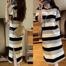휴양지 데일리 여성 스트라이프 스판 롱 니트 원피스