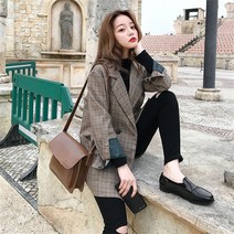 미스손 여성 봄가을 소매배색 체크 정장 코트 M97