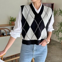 브이넥 아가일 니트 조끼 여성용 빅사이즈
