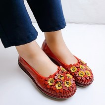 또앤슈 소가죽 중년 여성 엄마 꽃 포인트 논슬립 푹신한 단화 3cm 빨간색 할머니 효도 신발