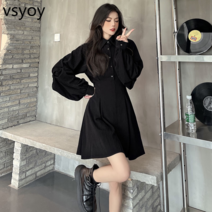 vsyoy 통통한 여자를위한 블랙 프렌치 드레스 대형 타이트 허리 우아한 헵번 스타일 작은 블랙 드레스 스커트 높은 허리 슬리밍 셔츠 드레스