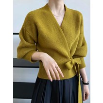 프렌치 빈티지 브이넥 스트랩 루즈핏 아우터 니트 가디건 상의 디자인감 스웨터 코트 여순색 기질