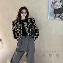 폴라도레 여성 기하학패턴 파워 퍼프 숄더 노카라 크롭 자켓 Z