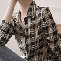 따봉오빠 여성 골드 펄 스프라이트 체크 긴팔 블라우스 브라운(DB264)