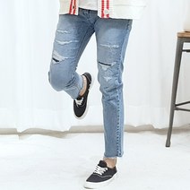 반즈하우스 남자 나이프 데미지 디스 덧댐 9부 슬림핏 청바지