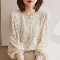 패스타임 무지 여성용 봄 레이스 플라워 패턴 긴팔블라우스 이너 셔츠 청순한 출근룩 데이트룩