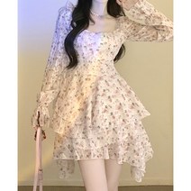 미니 프릴 플로럴 원피스 밑단 언발 플라워 시폰 긴팔 핑크 플라워 쉬폰 원피스 꽃무늬