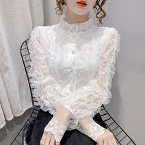 레이스 쉬폰 화이트 우아한 블라우스 여름 긴 소매 미적 카디건 여성 패션 튜닉 청소년 세련된 도시 사무복 셔츠