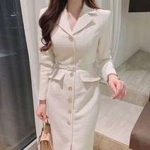 트위드원피스 세련된 정장 칼라 메탈 싱글 브레스트 허리슬리밍 트위드 롱스커트 s