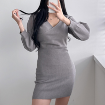 [모노치코] [(트렌드)]브이 랩 벌룬 글램 울 니트 원피스 [BKOPS-0616]
