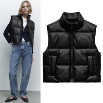 ZARA 블랙 에코 비건 레더 가죽 패딩 점퍼 베스트 조끼