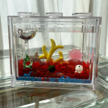 마리모 키우기 국산 DIY 레고 블럭 어항, 투명, 산호초(노랑/빨강), 1cm내외