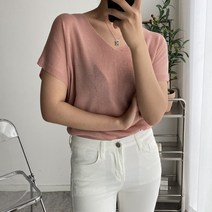 오오엘 여성 루즈핏 쿨링 캡소매 민소매 브이넥 니트 피아캡소매브이넥