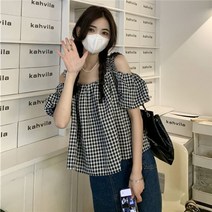 MOSAIRATION 여름 여성 체크 반팔 블라우스 오프숄더 어깨트임 퍼프 빅사이즈 루즈핏 풀오버 상의 A88