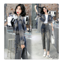 티피/Teepie 캐주얼 패션 데님 툴링 슈트 여성의 초가을 새로운 패션 투피스 슈트
