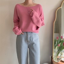 소확행 봄 루즈핏 보트넥 긴팔 무지 세미크롭 니트 J33149K
