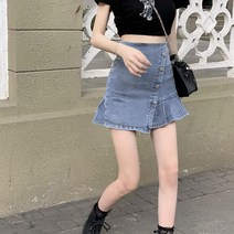 여성 데님 앞단추 프릴 언발 A라인 민 청 스커트
