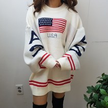 상상그이상 여성용 빅사이즈 꾸안꾸 데일리잇템 부드러운 오버핏 USA 성조기 레터링 니트